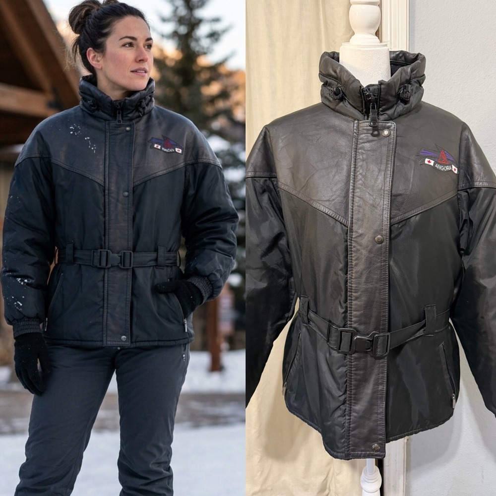 Vintage 80s Angora Canada Leather Nylon Ski Jacket Size M Black Belted Puffer